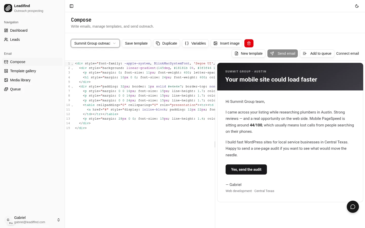 Email composer with HTML editor and live preview
