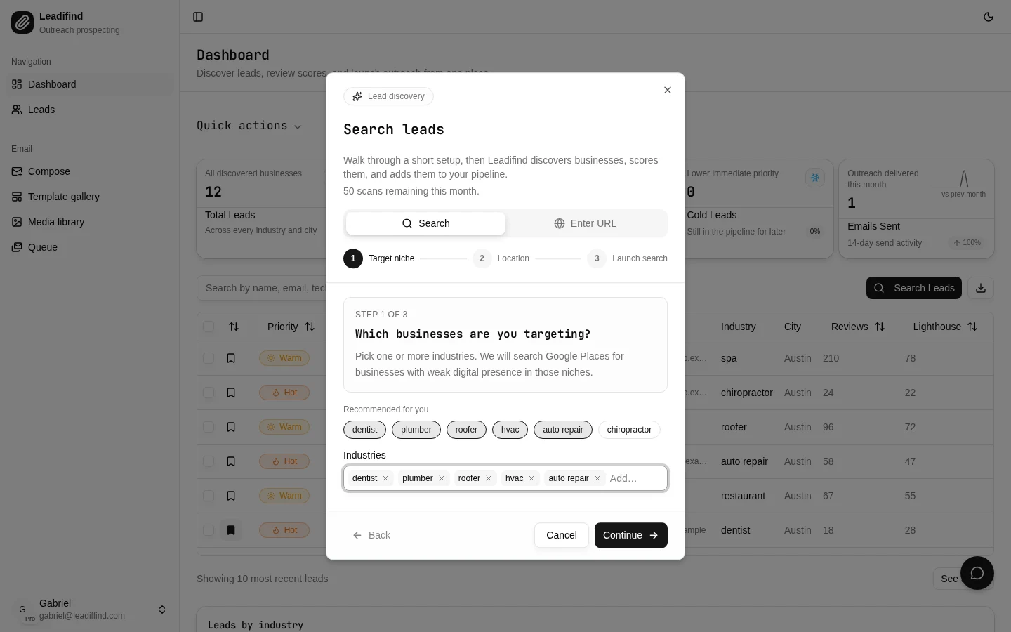 Scan dialog to search Google Places by category and city