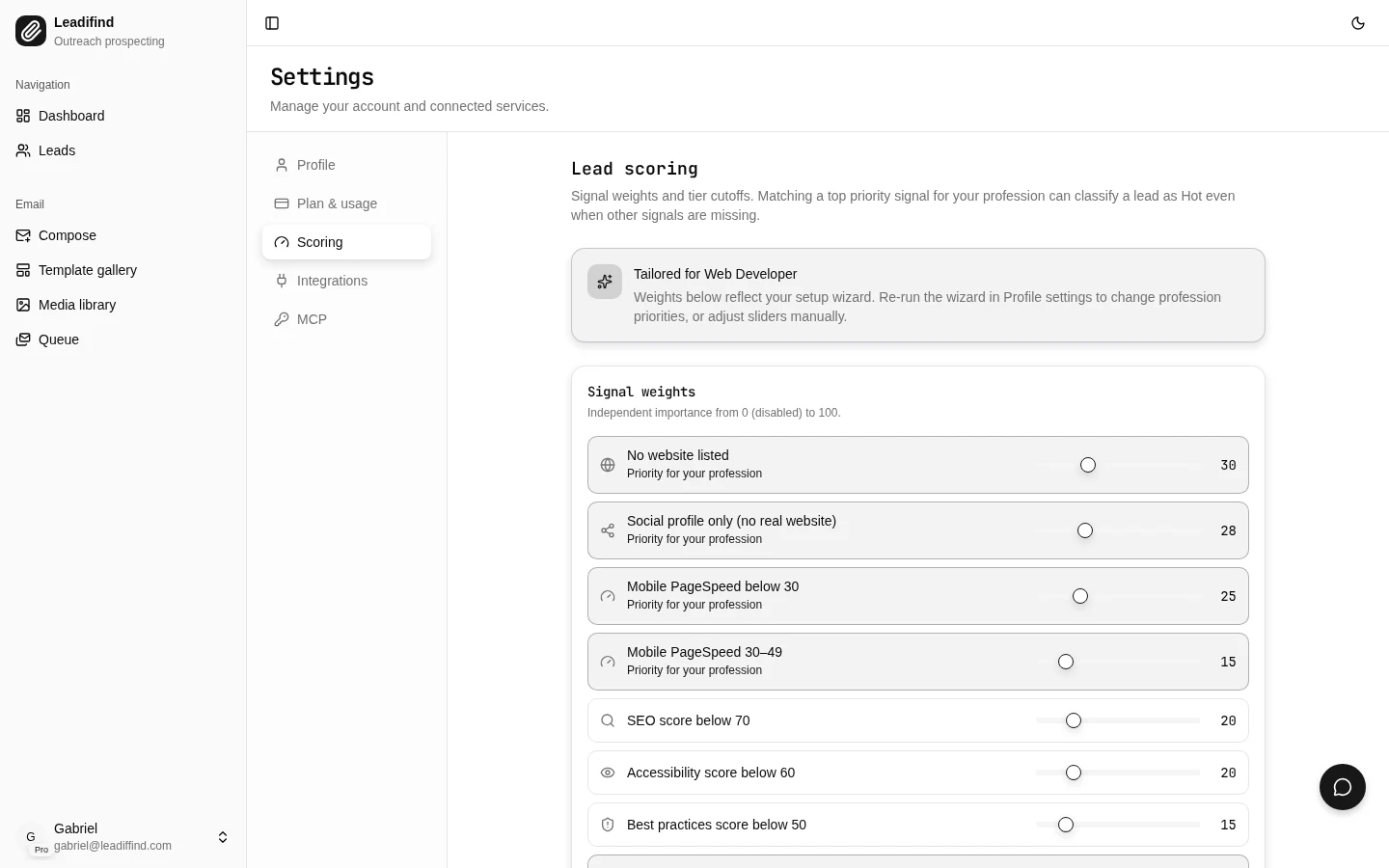 Scoring settings with adjustable signal weight sliders and tier thresholds